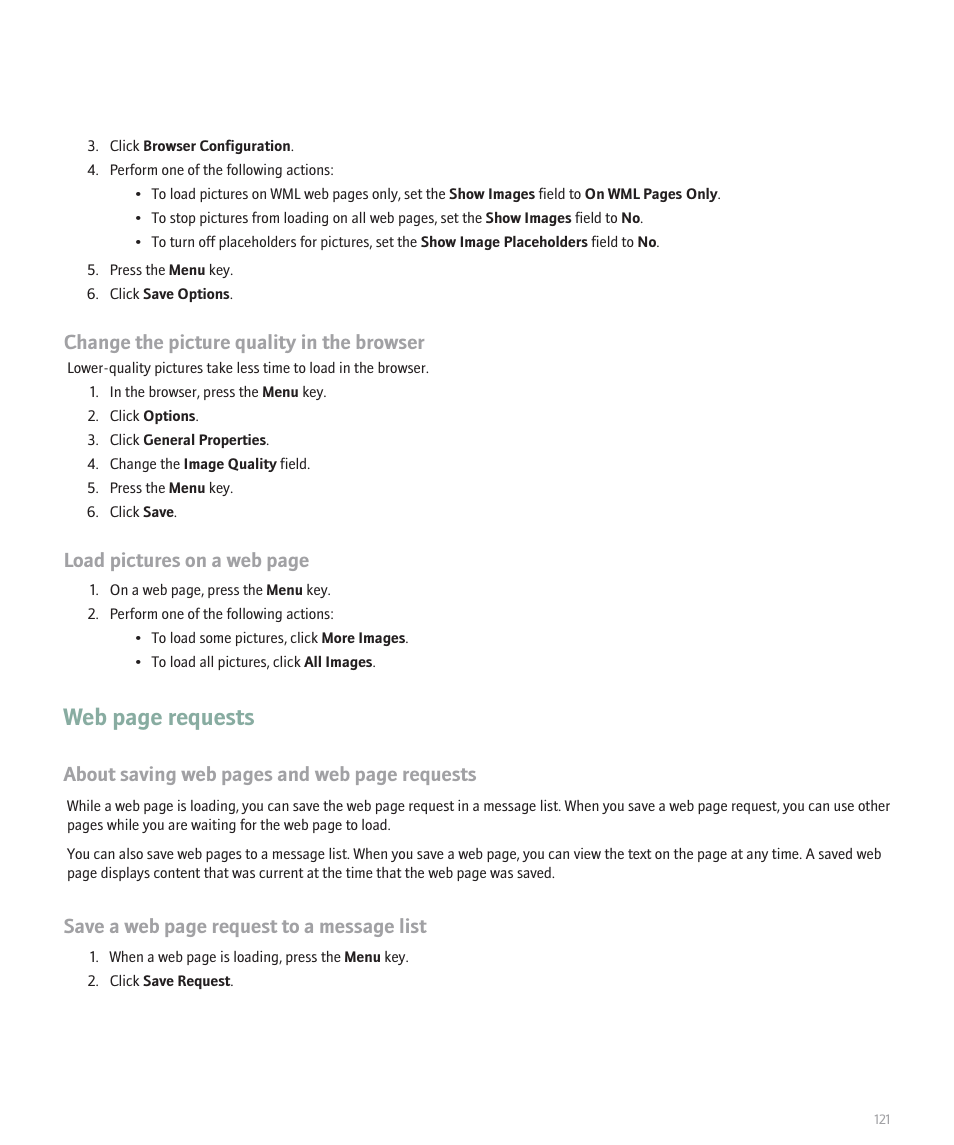 Web page requests, Change the picture quality in the browser, Load pictures on a web page | About saving web pages and web page requests, Save a web page request to a message list | Blackberry Global 8830 User Manual | Page 123 / 262
