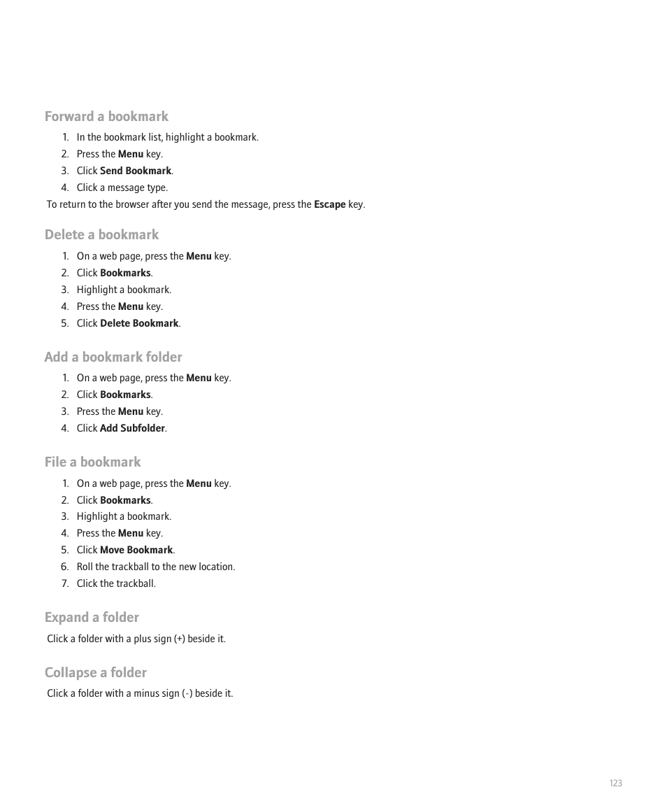 Forward a bookmark, Delete a bookmark, Add a bookmark folder | File a bookmark, Expand a folder, Collapse a folder | Blackberry Global 8830 User Manual | Page 125 / 262