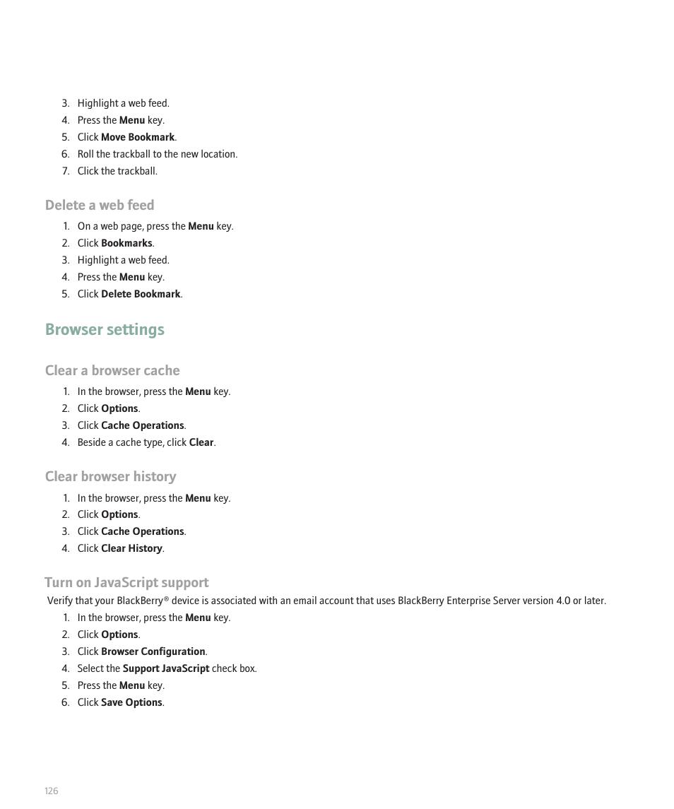 Browser settings, Delete a web feed, Clear a browser cache | Clear browser history, Turn on javascript support | Blackberry Global 8830 User Manual | Page 128 / 262