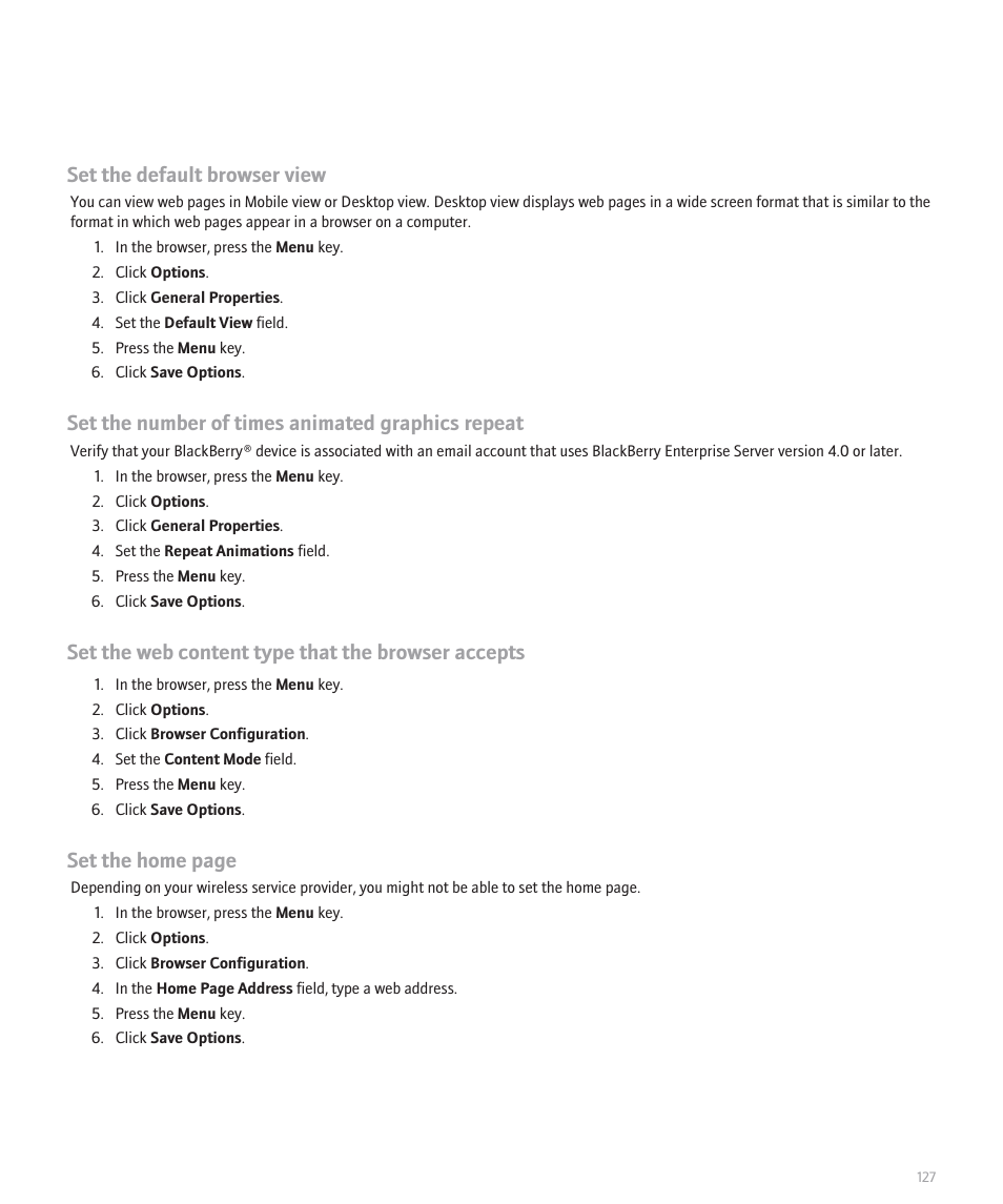 Set the default browser view, Set the number of times animated graphics repeat, Set the web content type that the browser accepts | Set the home page | Blackberry Global 8830 User Manual | Page 129 / 262