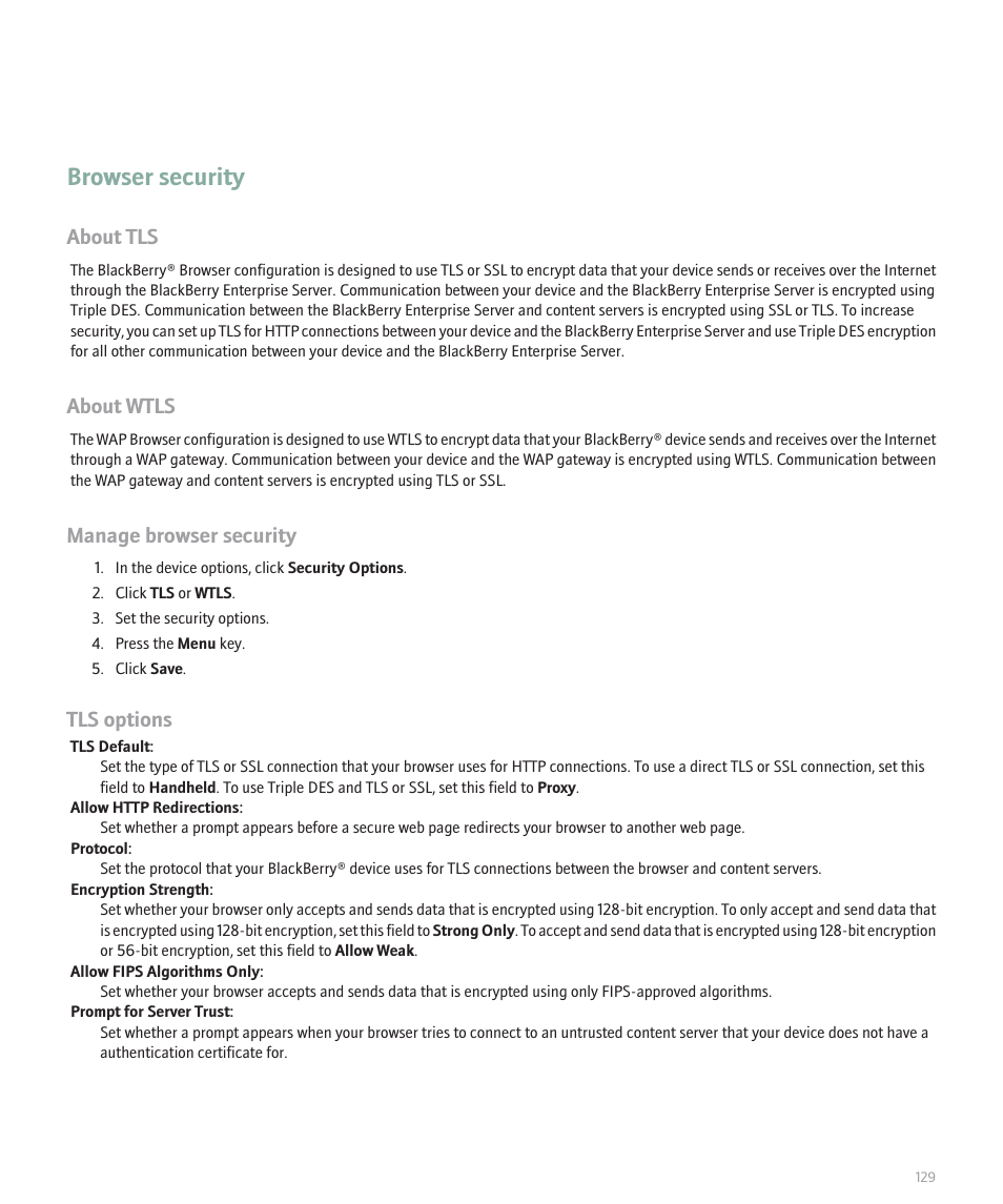 Browser security, About tls, About wtls | Manage browser security, Tls options | Blackberry Global 8830 User Manual | Page 131 / 262