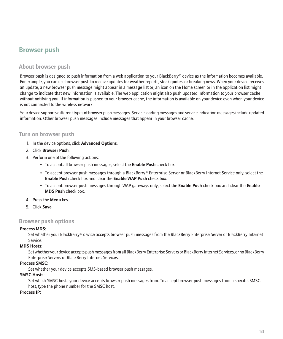 Browser push, About browser push, Turn on browser push | Browser push options | Blackberry Global 8830 User Manual | Page 133 / 262