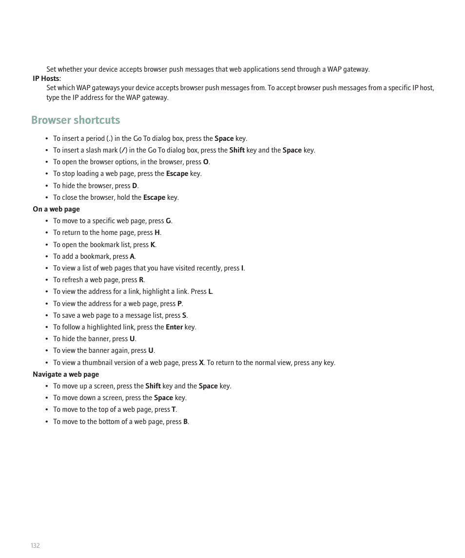Browser shortcuts | Blackberry Global 8830 User Manual | Page 134 / 262
