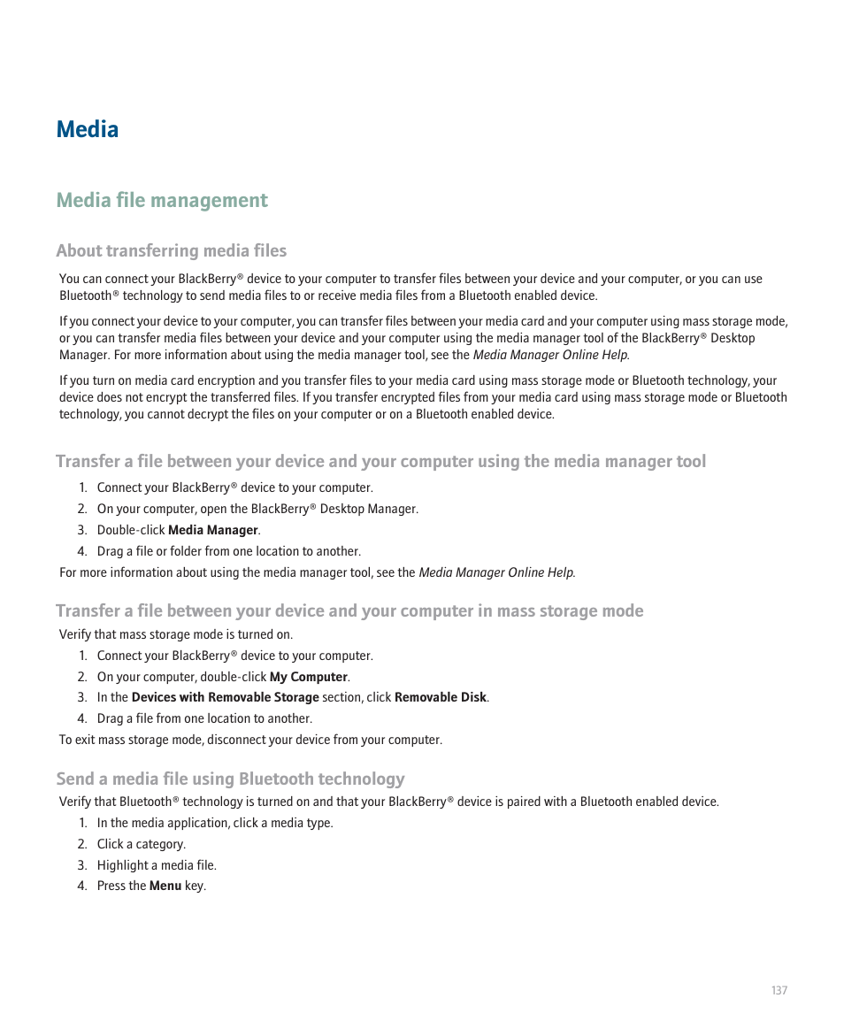 Media, Media file management, About transferring media files | Send a media file using bluetooth technology | Blackberry Global 8830 User Manual | Page 139 / 262
