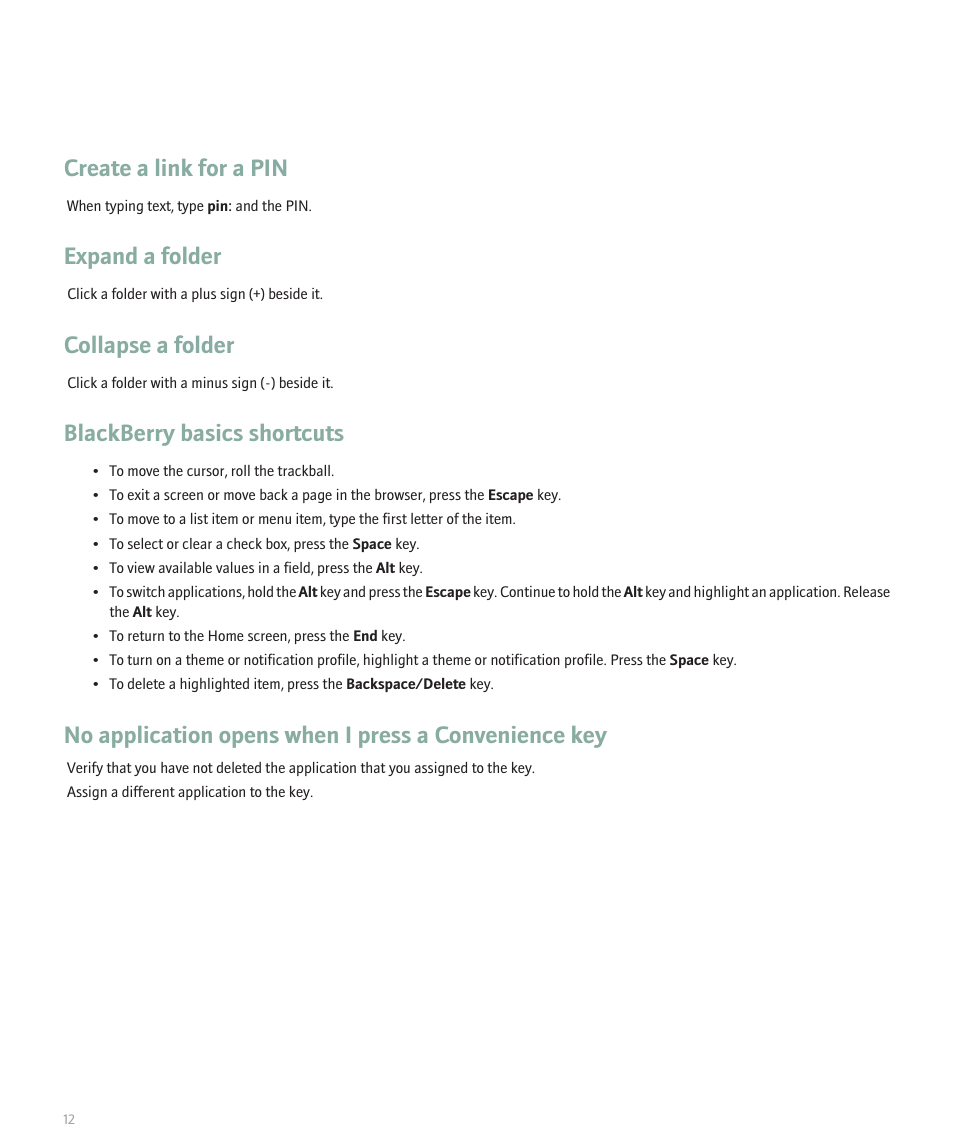 Create a link for a pin, Expand a folder, Collapse a folder | Blackberry basics shortcuts | Blackberry Global 8830 User Manual | Page 14 / 262