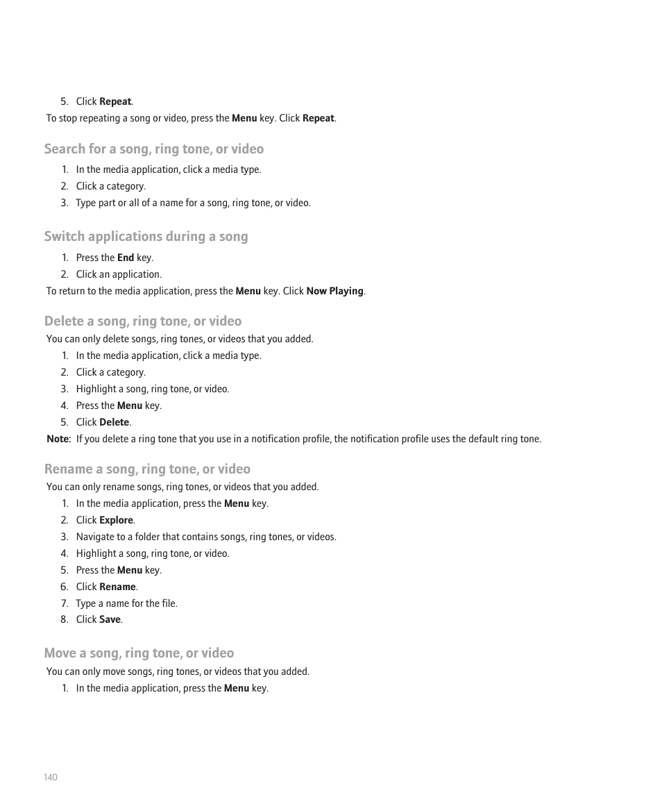 Search for a song, ring tone, or video, Switch applications during a song, Delete a song, ring tone, or video | Rename a song, ring tone, or video, Move a song, ring tone, or video | Blackberry Global 8830 User Manual | Page 142 / 262