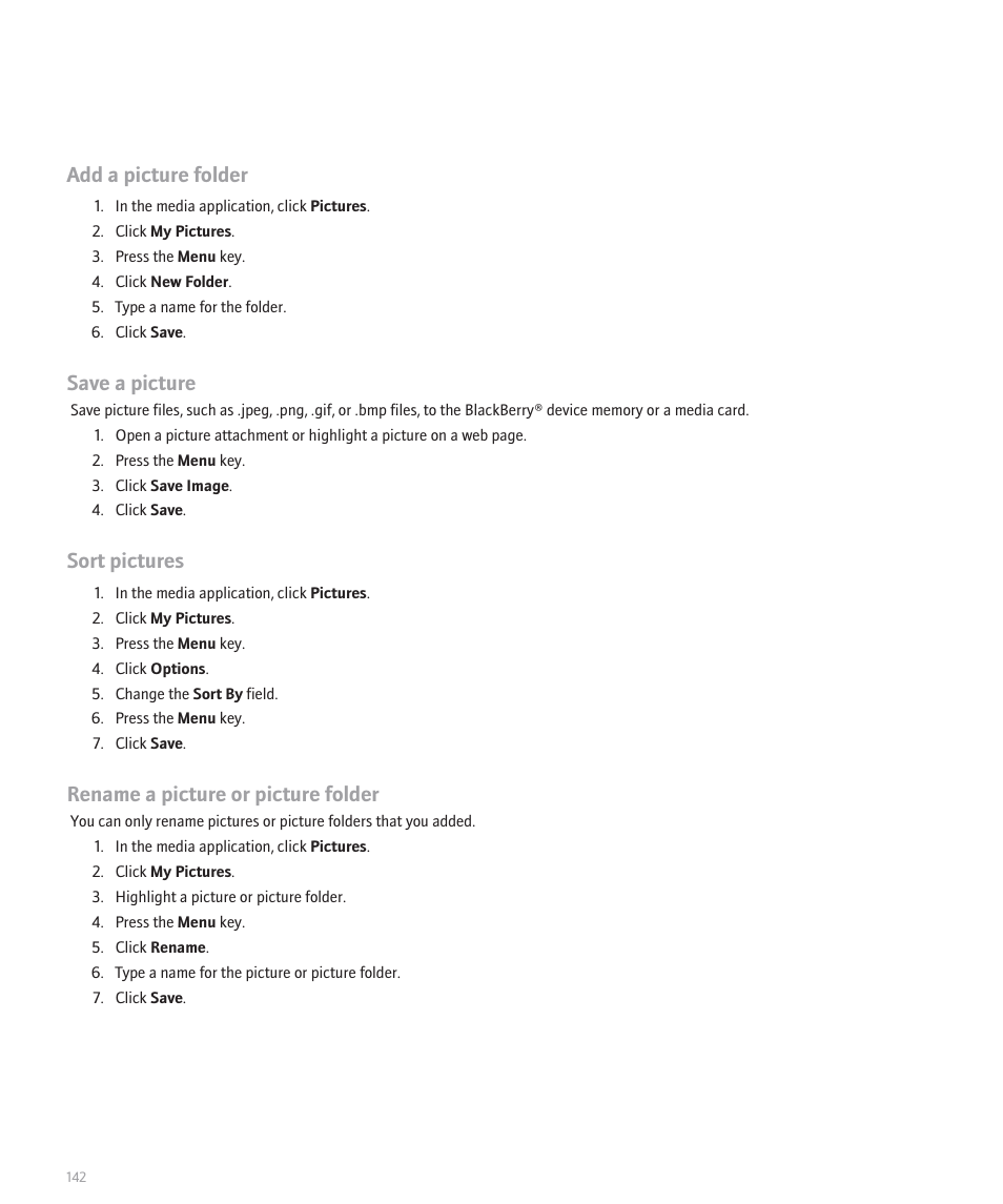 Add a picture folder, Save a picture, Sort pictures | Rename a picture or picture folder | Blackberry Global 8830 User Manual | Page 144 / 262