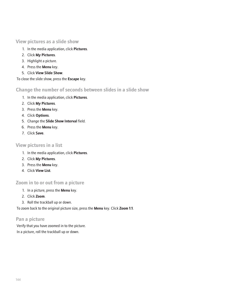 View pictures as a slide show, View pictures in a list, Zoom in to or out from a picture | Pan a picture | Blackberry Global 8830 User Manual | Page 146 / 262