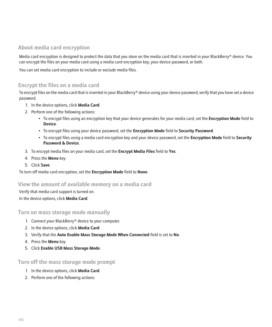 About media card encryption, Encrypt the files on a media card, Turn on mass storage mode manually | Turn off the mass storage mode prompt | Blackberry Global 8830 User Manual | Page 148 / 262