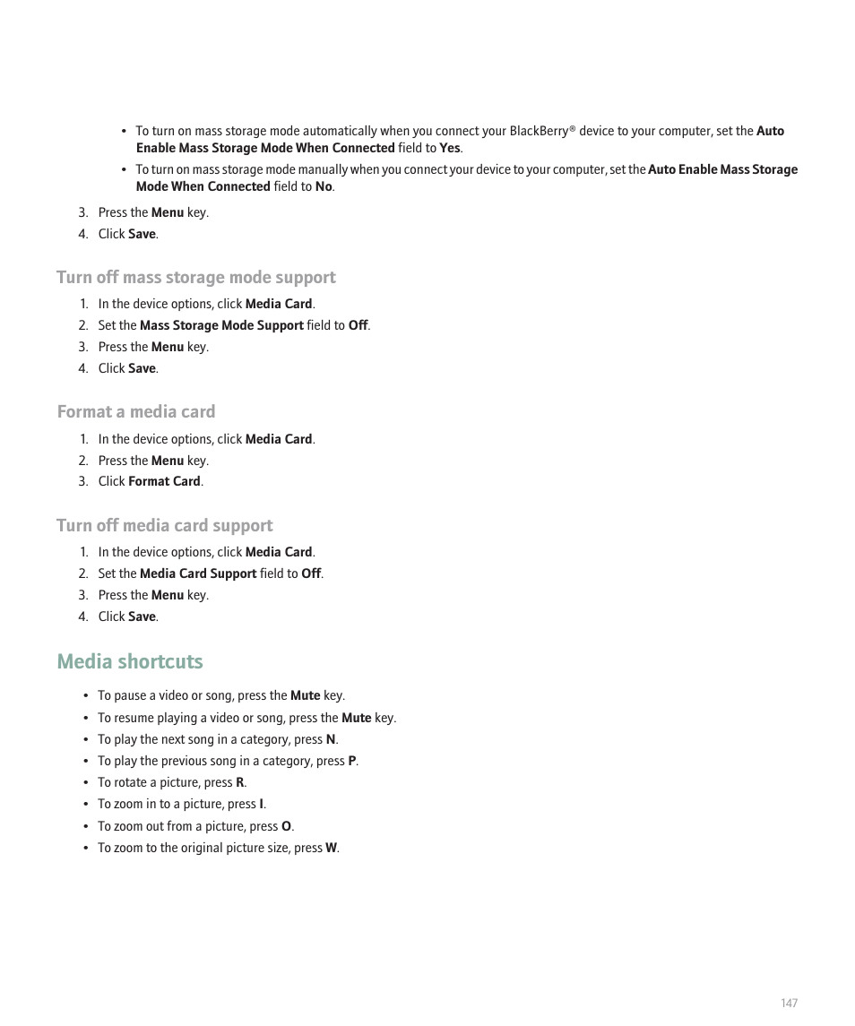 Media shortcuts, Turn off mass storage mode support, Format a media card | Turn off media card support | Blackberry Global 8830 User Manual | Page 149 / 262