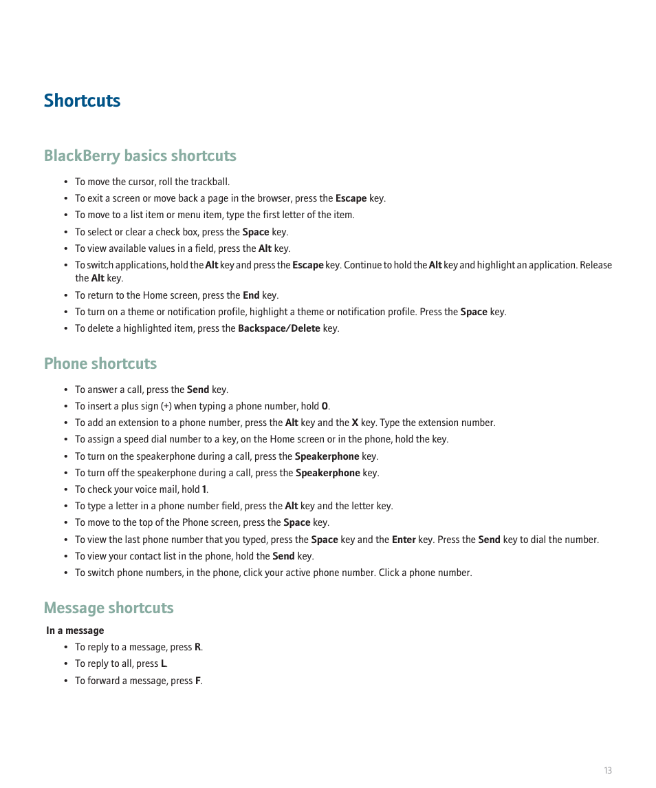Shortcuts, Blackberry basics shortcuts, Phone shortcuts | Message shortcuts | Blackberry Global 8830 User Manual | Page 15 / 262