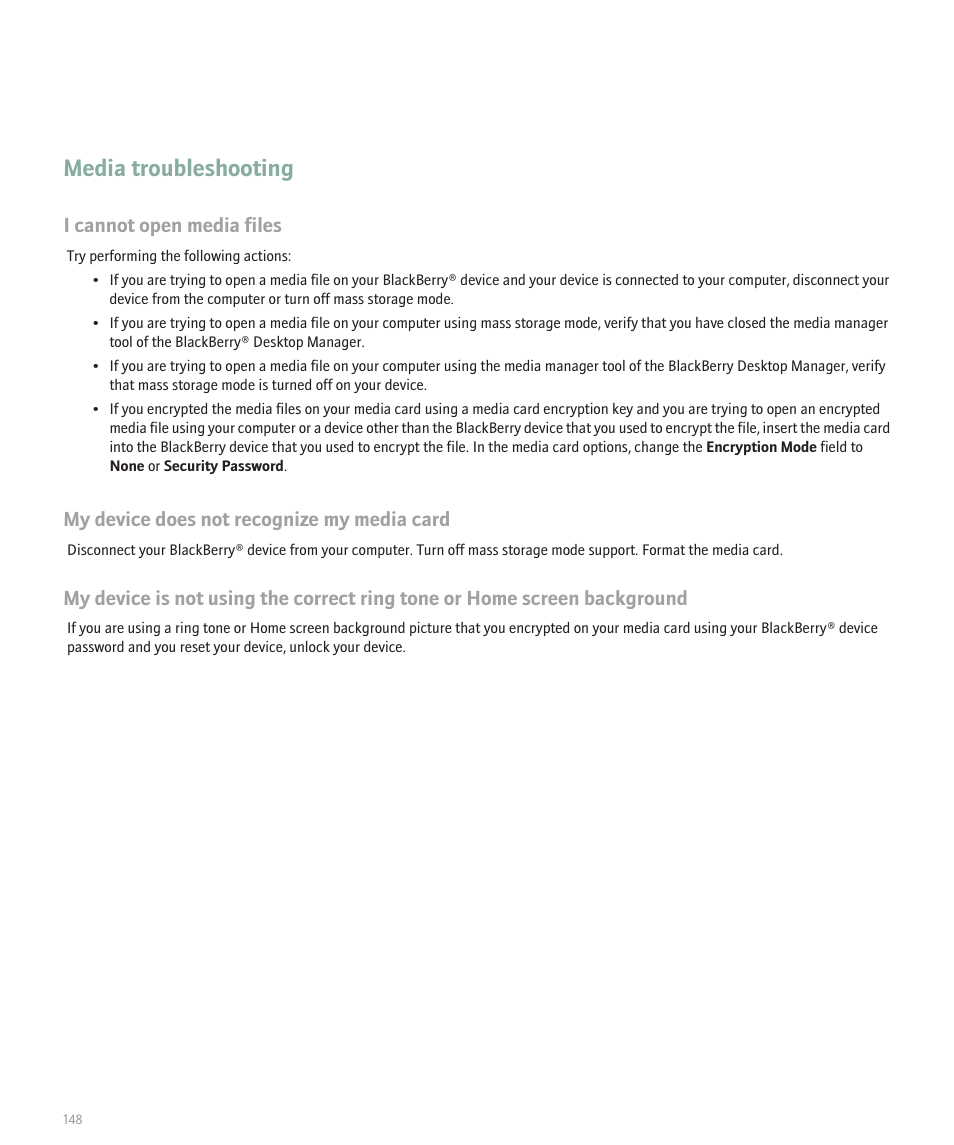 Media troubleshooting, I cannot open media files, My device does not recognize my media card | Blackberry Global 8830 User Manual | Page 150 / 262