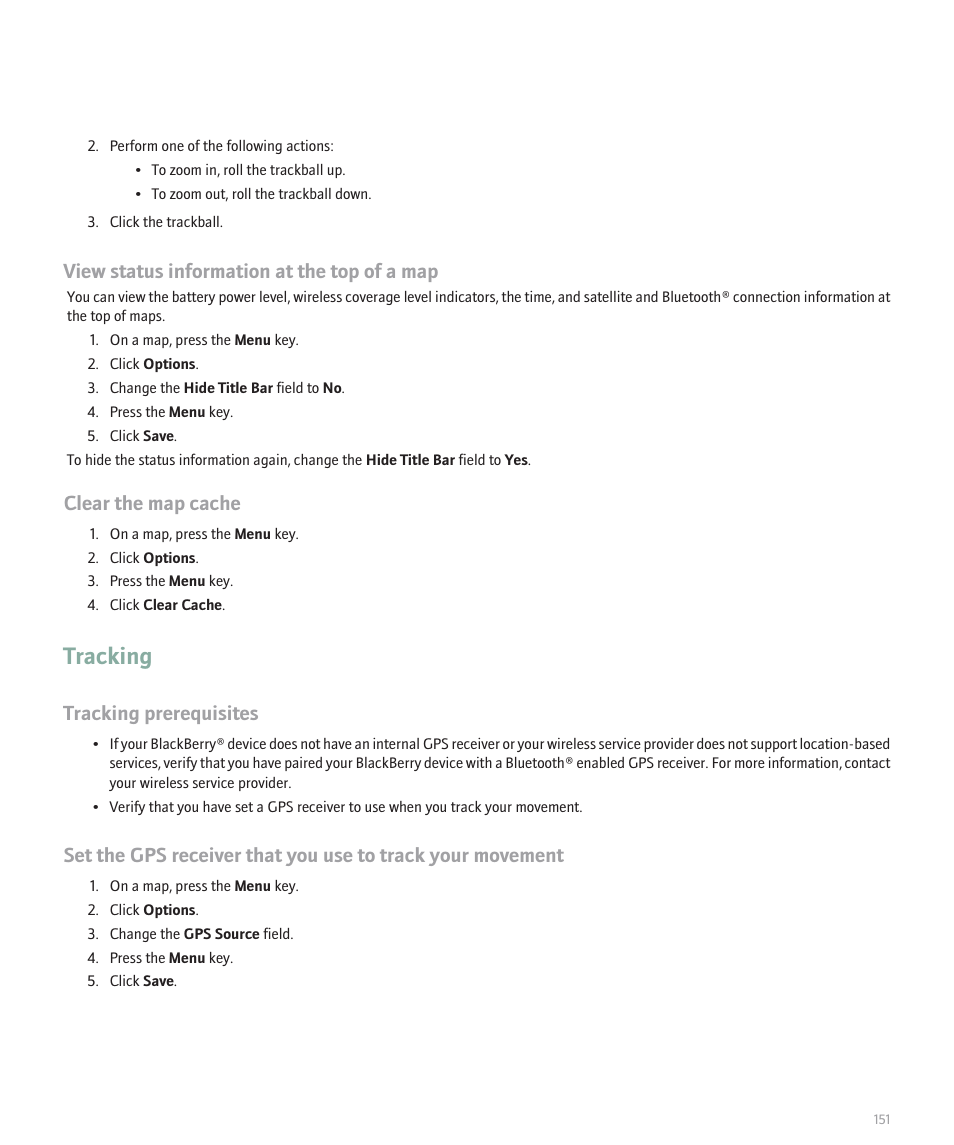 Tracking, View status information at the top of a map, Clear the map cache | Tracking prerequisites | Blackberry Global 8830 User Manual | Page 153 / 262