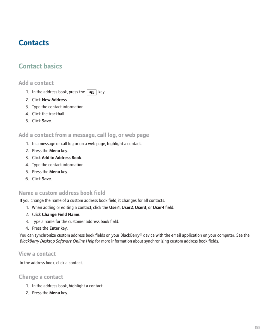 Contacts, Contact basics, Add a contact | Name a custom address book field, View a contact, Change a contact | Blackberry Global 8830 User Manual | Page 157 / 262