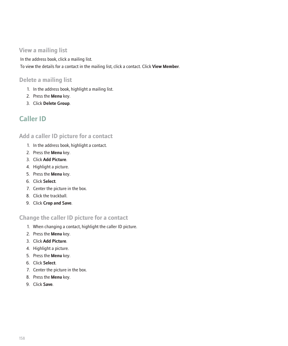 Caller id, View a mailing list, Delete a mailing list | Add a caller id picture for a contact, Change the caller id picture for a contact | Blackberry Global 8830 User Manual | Page 160 / 262