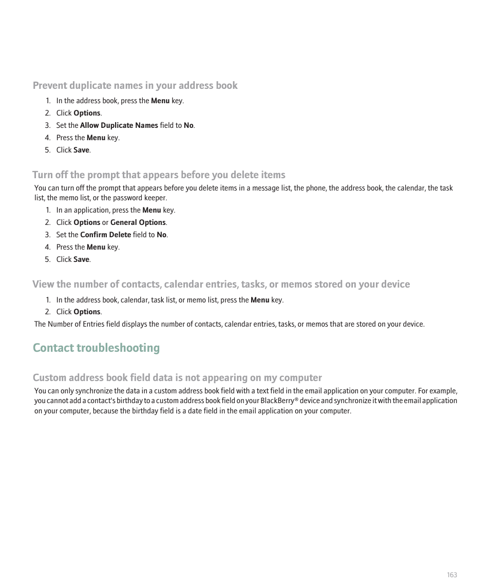 Contact troubleshooting, Prevent duplicate names in your address book | Blackberry Global 8830 User Manual | Page 165 / 262