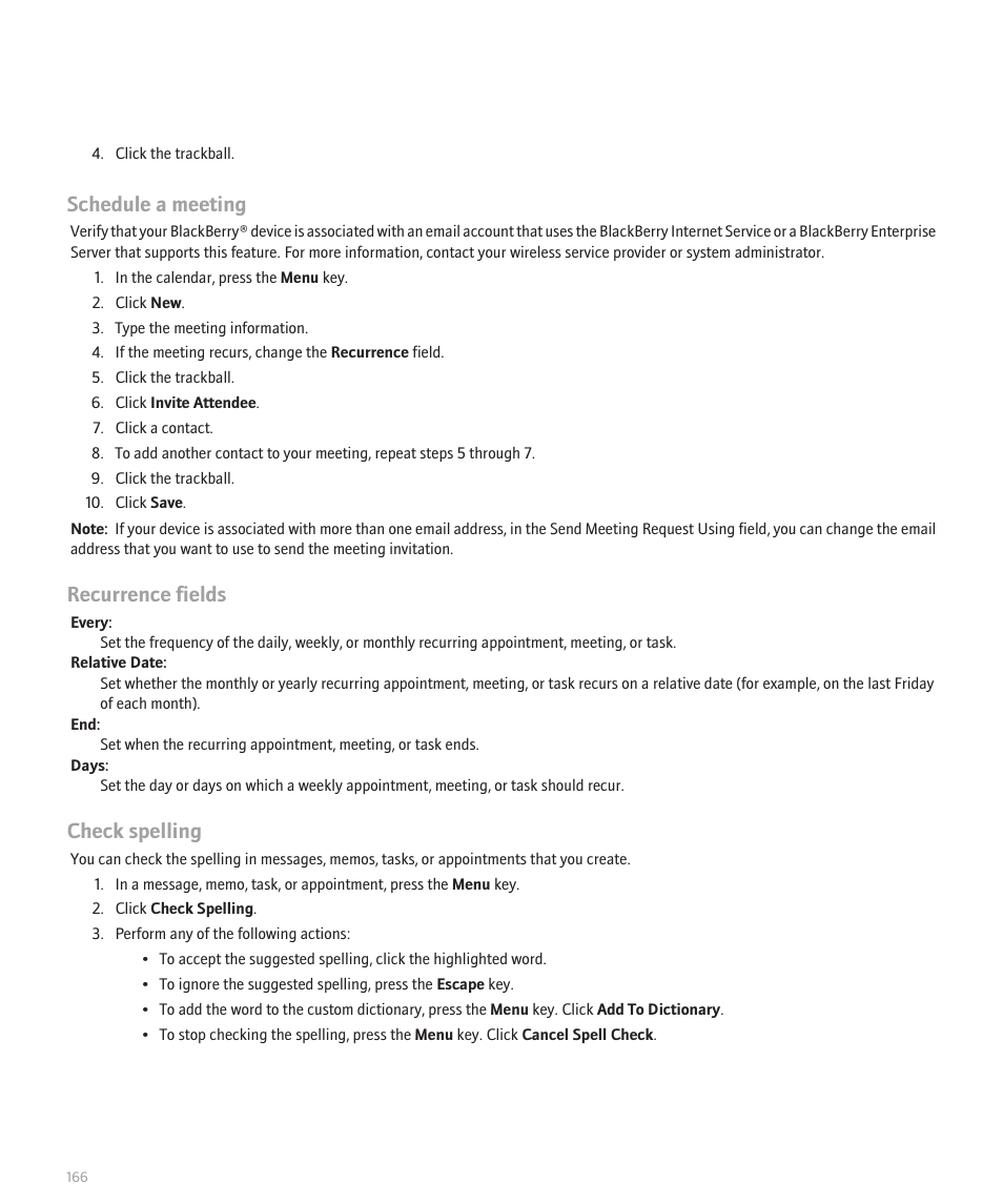 Schedule a meeting, Recurrence fields, Check spelling | Blackberry Global 8830 User Manual | Page 168 / 262