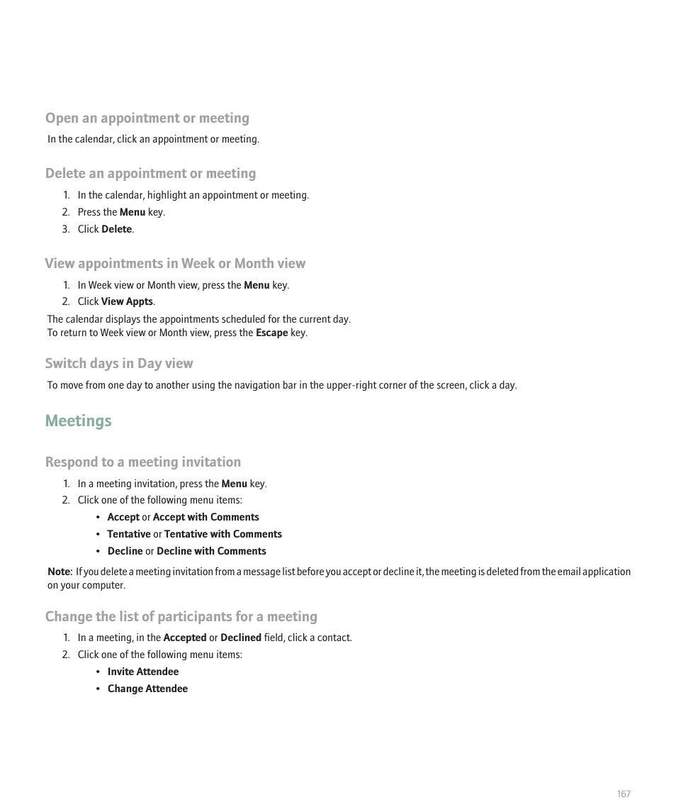 Meetings, Open an appointment or meeting, Delete an appointment or meeting | View appointments in week or month view, Switch days in day view, Respond to a meeting invitation, Change the list of participants for a meeting | Blackberry Global 8830 User Manual | Page 169 / 262