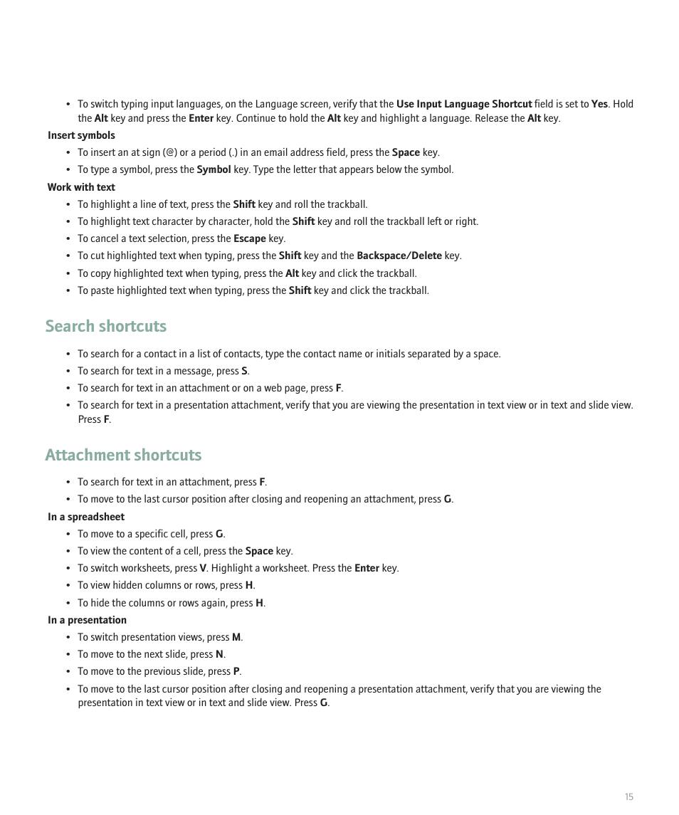 Search shortcuts, Attachment shortcuts | Blackberry Global 8830 User Manual | Page 17 / 262