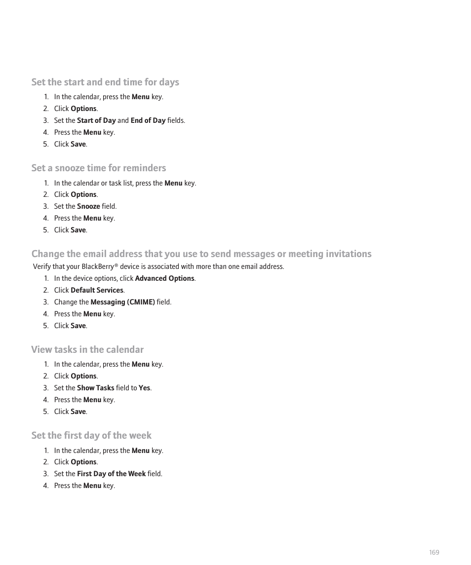 Set the start and end time for days, Set a snooze time for reminders, View tasks in the calendar | Set the first day of the week | Blackberry Global 8830 User Manual | Page 171 / 262