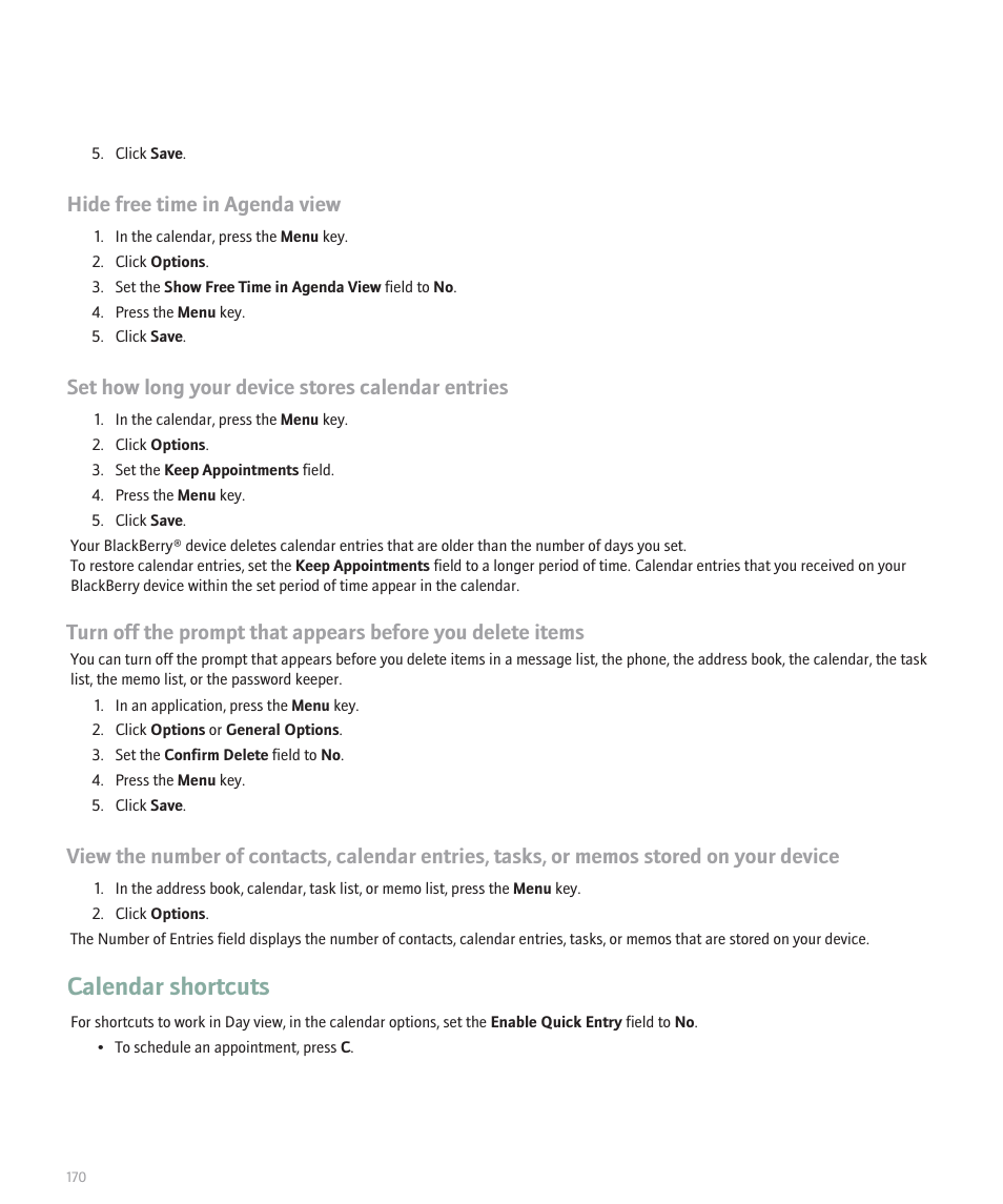 Calendar shortcuts, Hide free time in agenda view, Set how long your device stores calendar entries | Blackberry Global 8830 User Manual | Page 172 / 262