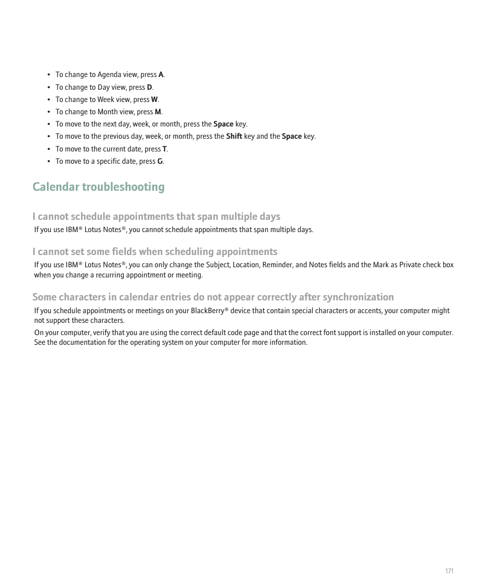 Calendar troubleshooting | Blackberry Global 8830 User Manual | Page 173 / 262