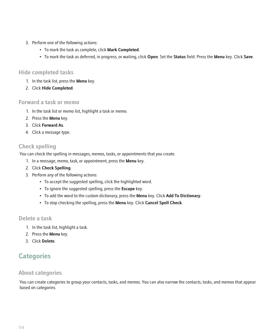 Categories, Hide completed tasks, Check spelling | Delete a task, About categories | Blackberry Global 8830 User Manual | Page 176 / 262