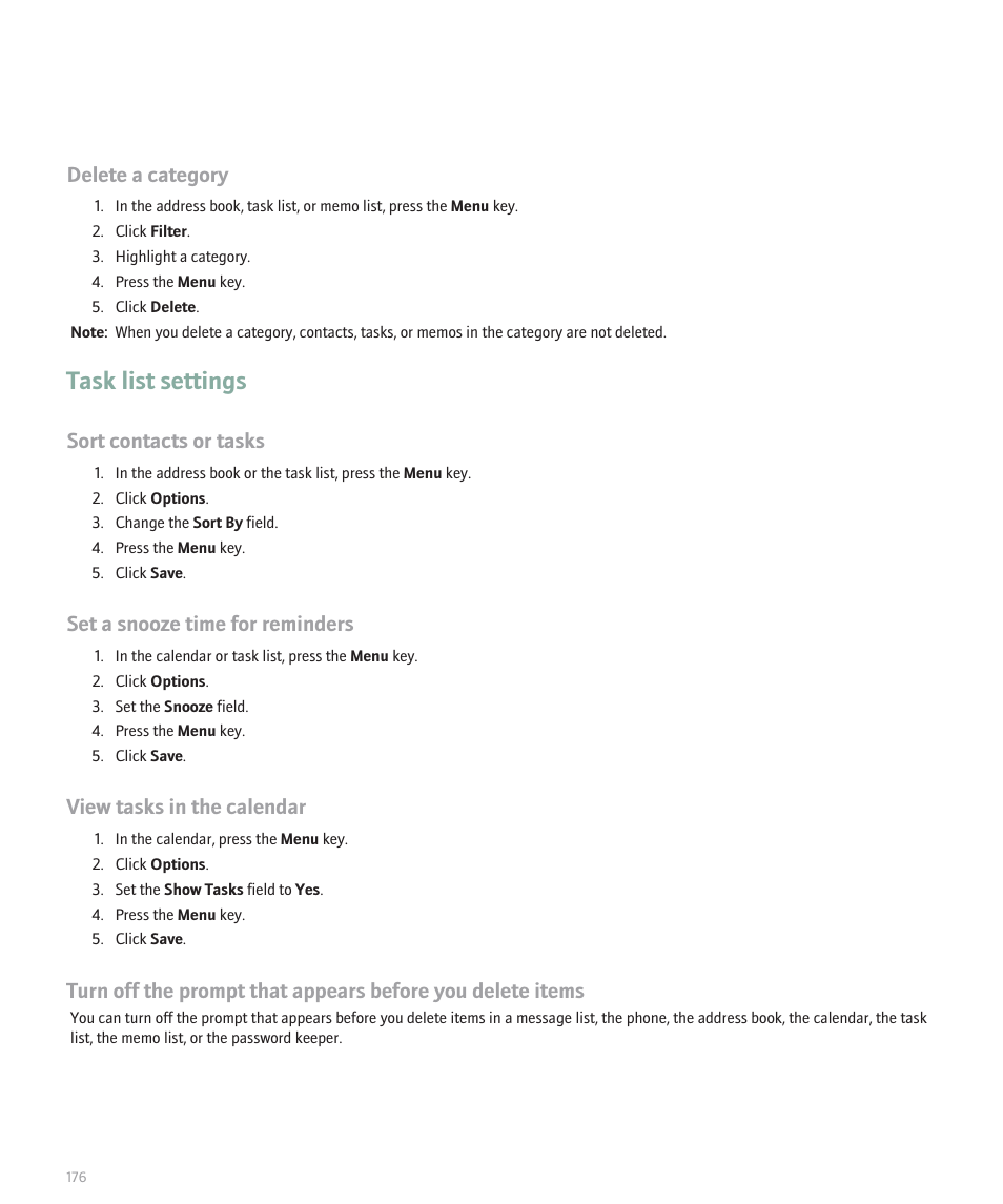 Task list settings, Delete a category, Sort contacts or tasks | Set a snooze time for reminders, View tasks in the calendar | Blackberry Global 8830 User Manual | Page 178 / 262