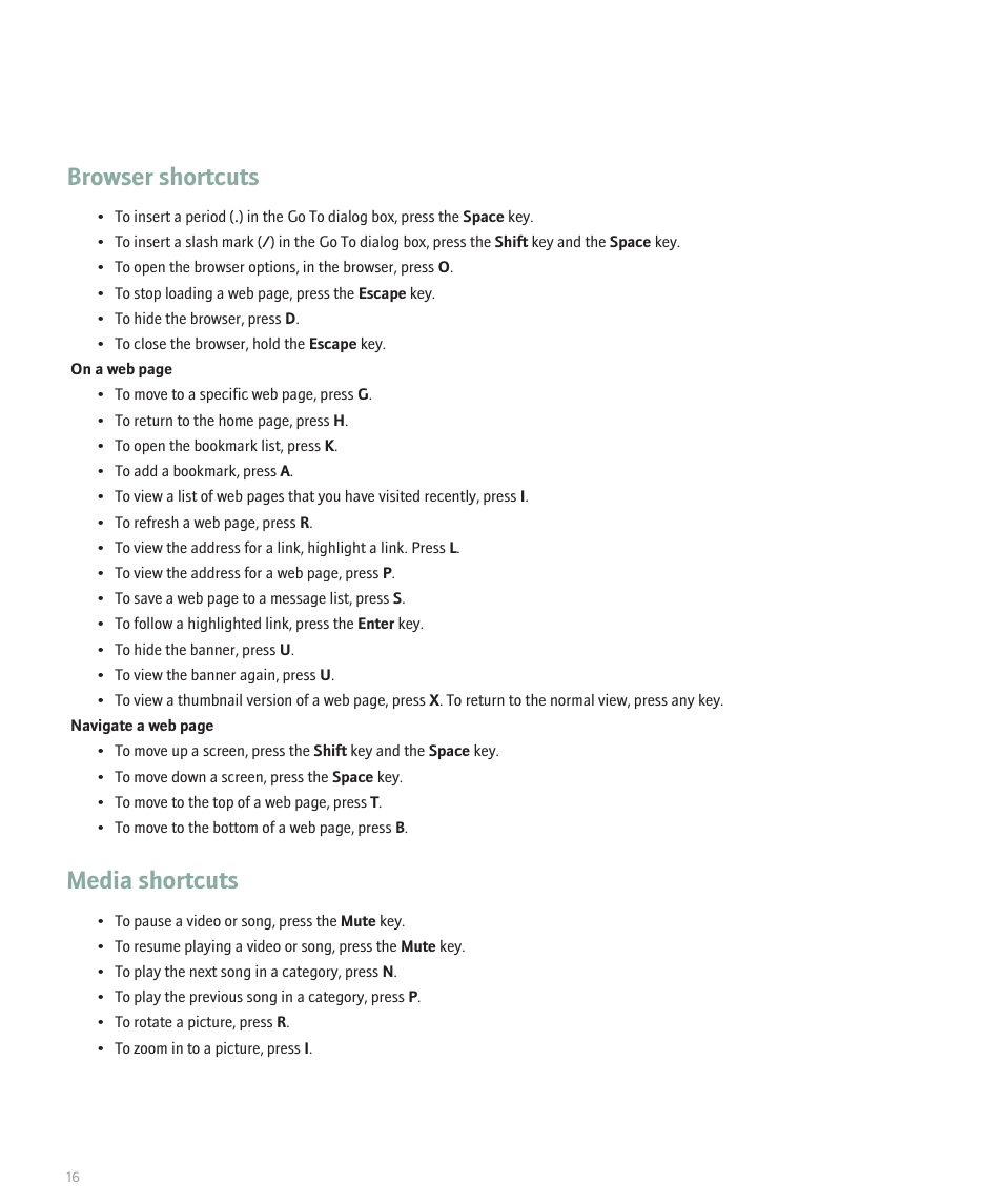 Browser shortcuts, Media shortcuts | Blackberry Global 8830 User Manual | Page 18 / 262