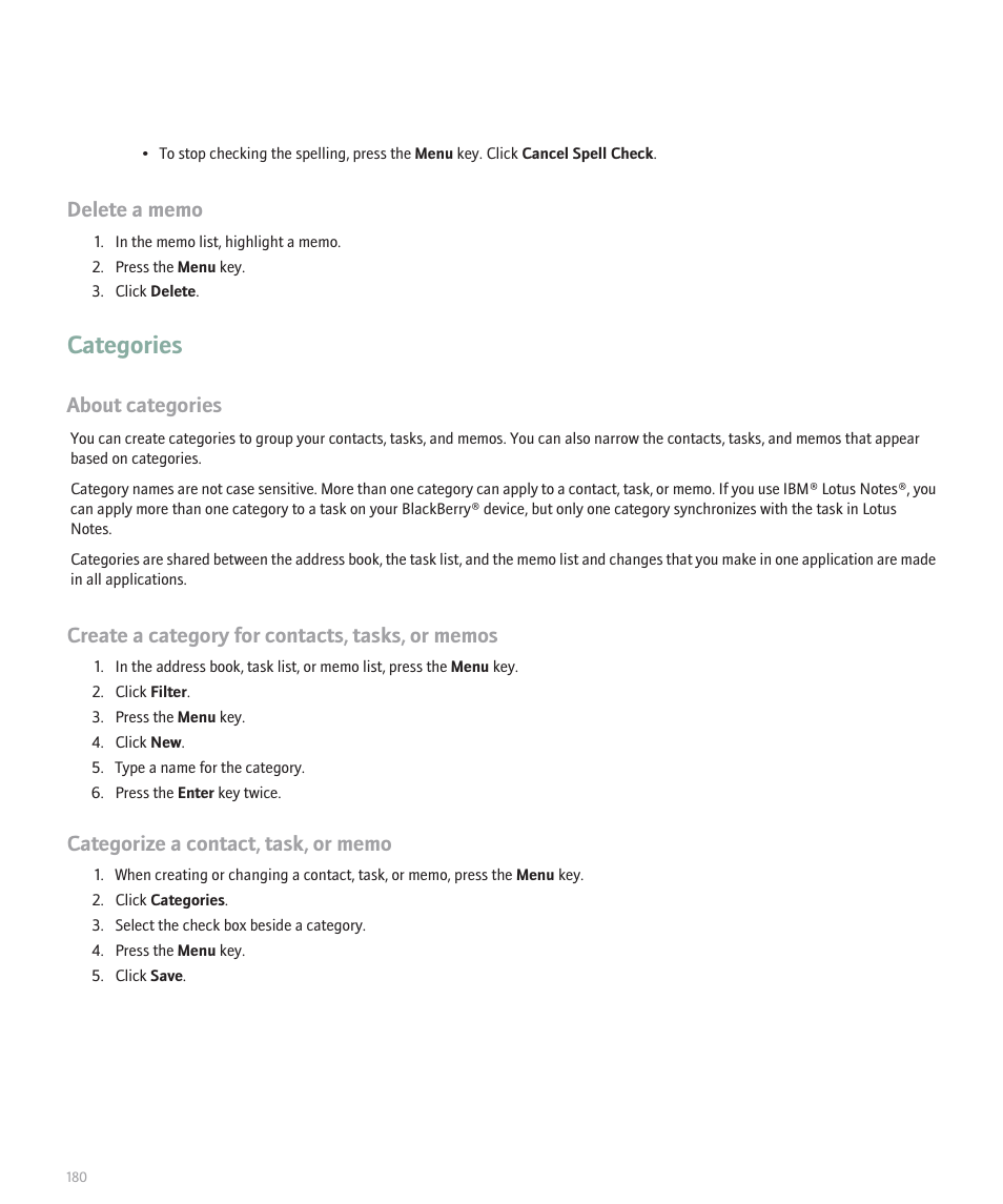Categories, About categories | Blackberry Global 8830 User Manual | Page 182 / 262