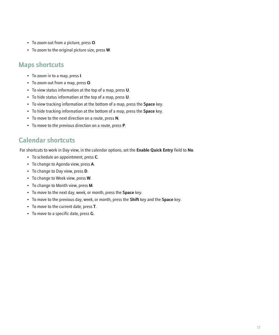 Maps shortcuts, Calendar shortcuts | Blackberry Global 8830 User Manual | Page 19 / 262
