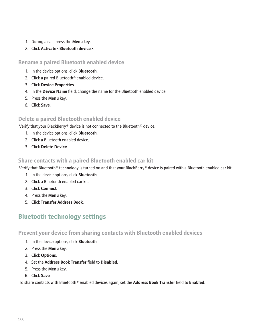 Bluetooth technology settings, Rename a paired bluetooth enabled device, Delete a paired bluetooth enabled device | Blackberry Global 8830 User Manual | Page 190 / 262