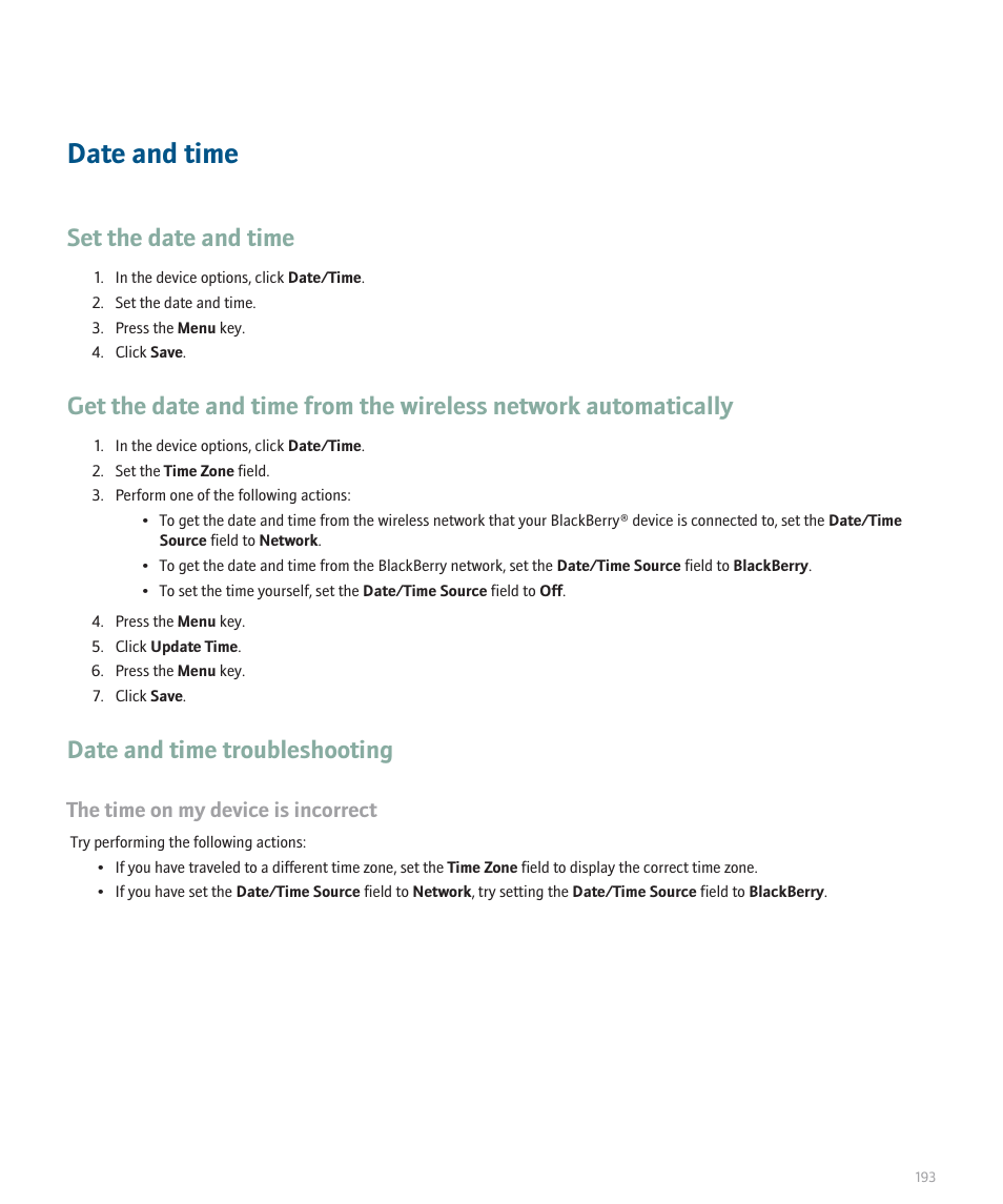 Date and time, Set the date and time, Date and time troubleshooting | The time on my device is incorrect | Blackberry Global 8830 User Manual | Page 195 / 262