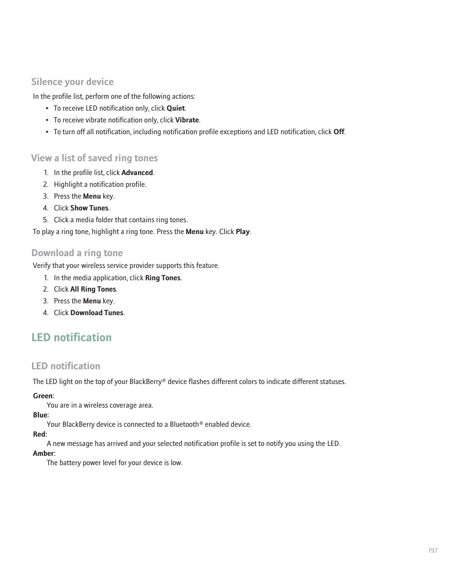 Led notification, Silence your device, View a list of saved ring tones | Download a ring tone | Blackberry Global 8830 User Manual | Page 199 / 262