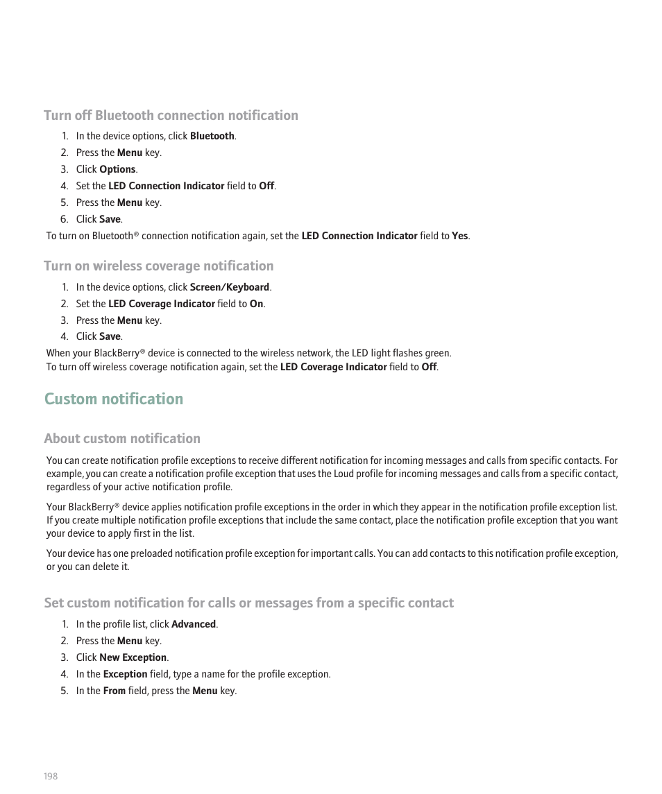 Custom notification, Turn off bluetooth connection notification, Turn on wireless coverage notification | About custom notification | Blackberry Global 8830 User Manual | Page 200 / 262