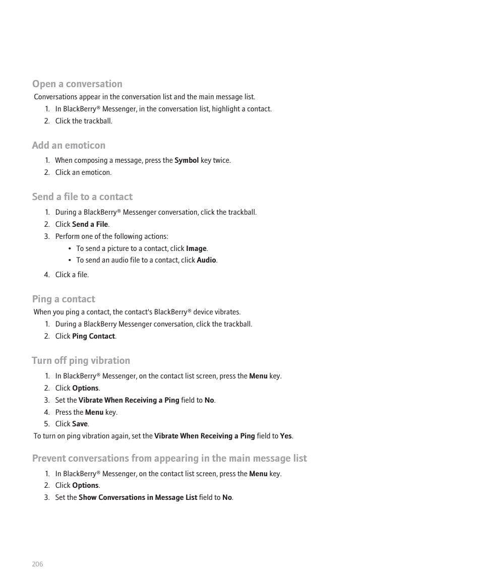 Open a conversation, Add an emoticon, Send a file to a contact | Ping a contact, Turn off ping vibration | Blackberry Global 8830 User Manual | Page 208 / 262