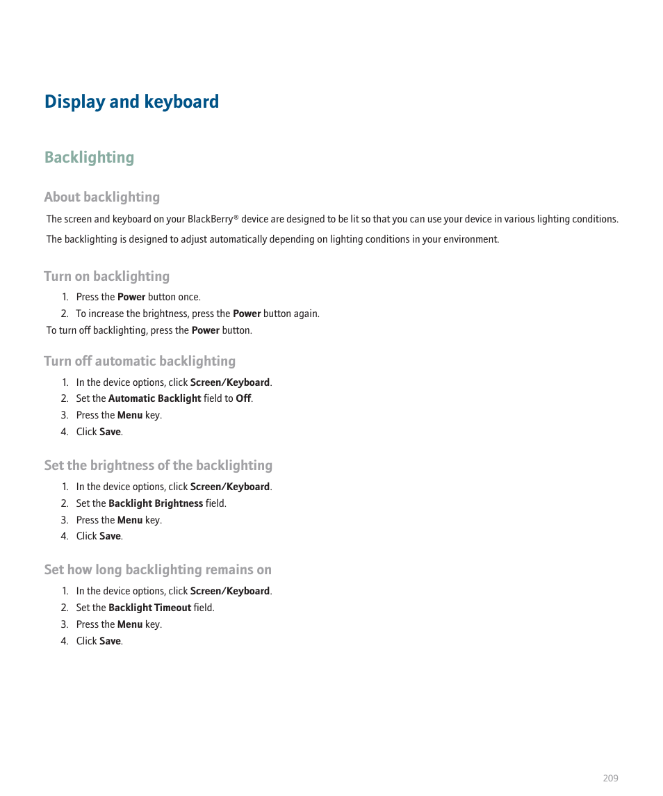 Display and keyboard, Backlighting, About backlighting | Turn on backlighting, Turn off automatic backlighting, Set the brightness of the backlighting, Set how long backlighting remains on | Blackberry Global 8830 User Manual | Page 211 / 262