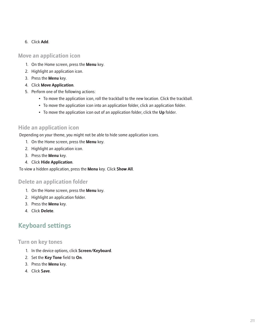Keyboard settings, Move an application icon, Hide an application icon | Delete an application folder, Turn on key tones | Blackberry Global 8830 User Manual | Page 213 / 262