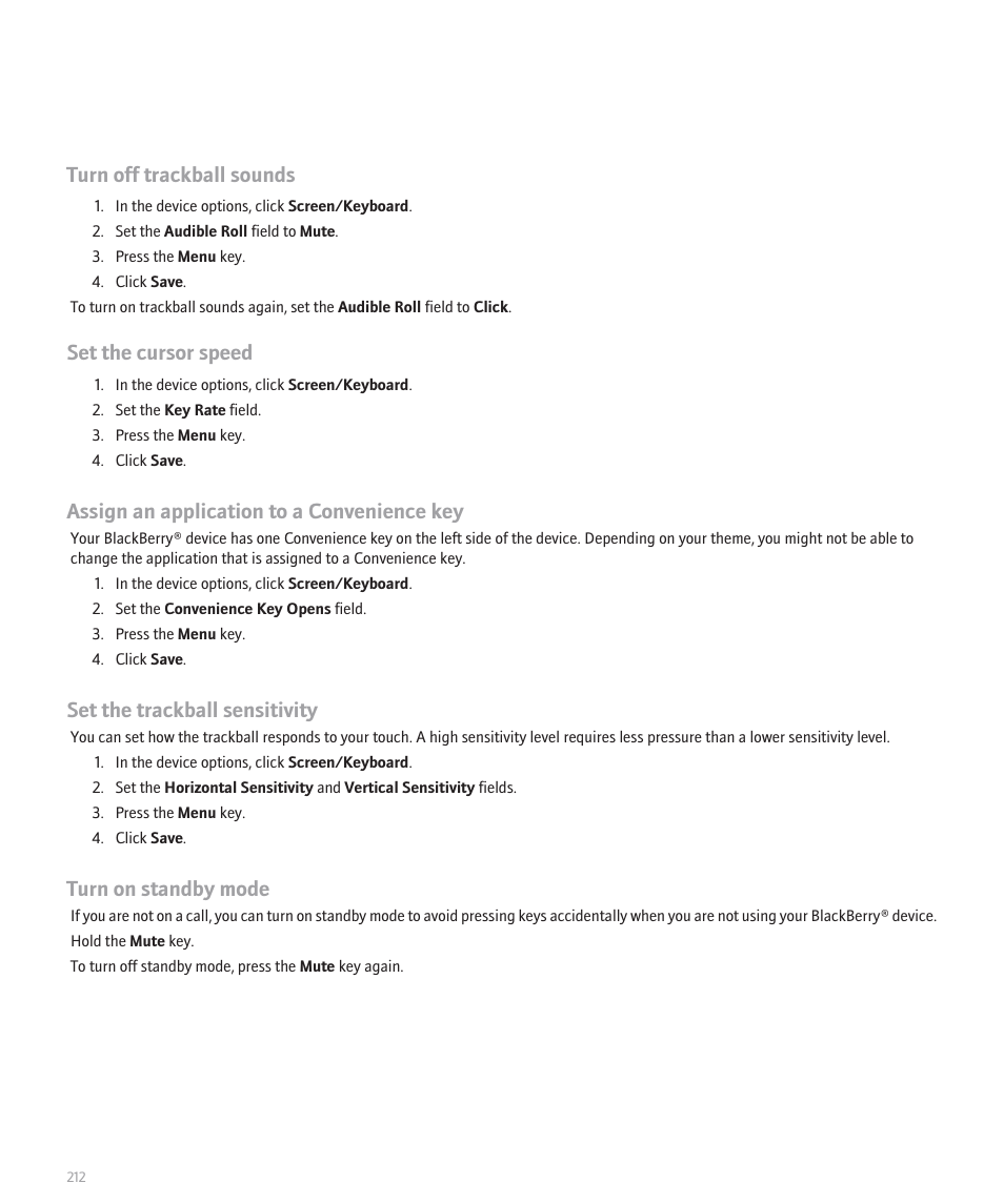 Turn off trackball sounds, Set the cursor speed, Assign an application to a convenience key | Set the trackball sensitivity, Turn on standby mode | Blackberry Global 8830 User Manual | Page 214 / 262