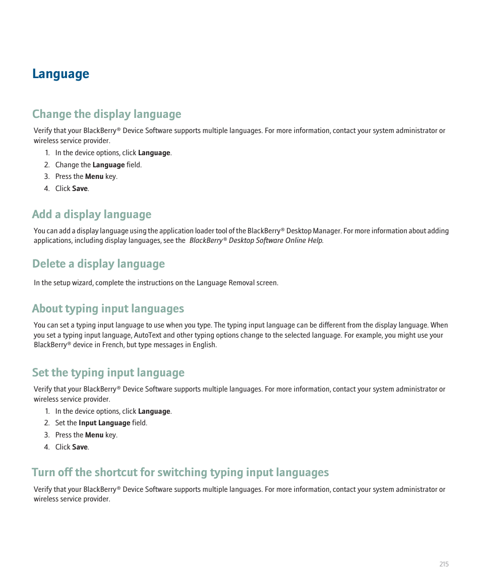 Language, Change the display language, Add a display language | Delete a display language, About typing input languages, Set the typing input language | Blackberry Global 8830 User Manual | Page 217 / 262