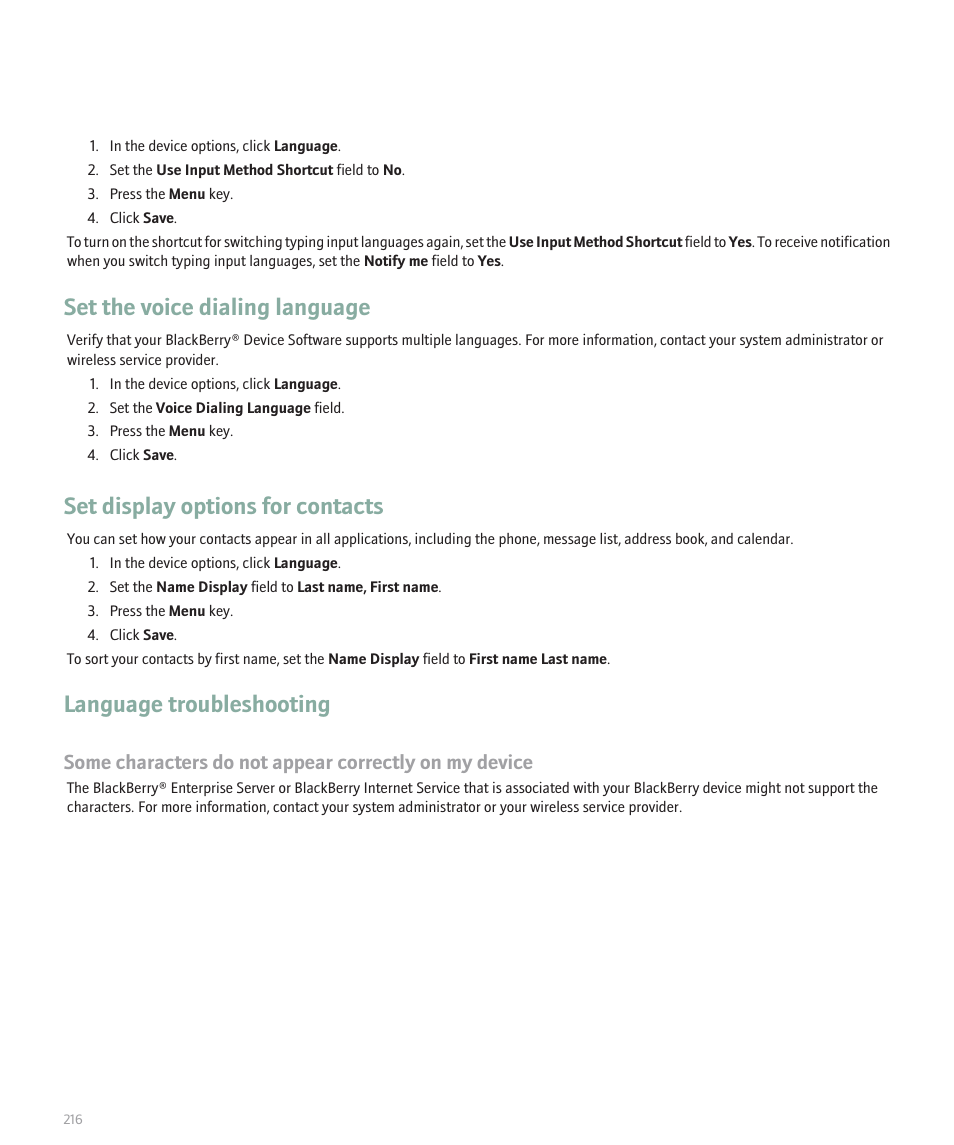 Set the voice dialing language, Set display options for contacts, Language troubleshooting | Blackberry Global 8830 User Manual | Page 218 / 262