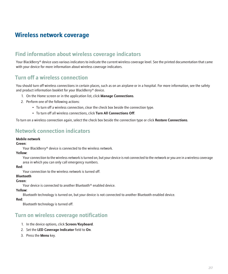 Wireless network coverage, Turn off a wireless connection, Network connection indicators | Turn on wireless coverage notification | Blackberry Global 8830 User Manual | Page 219 / 262