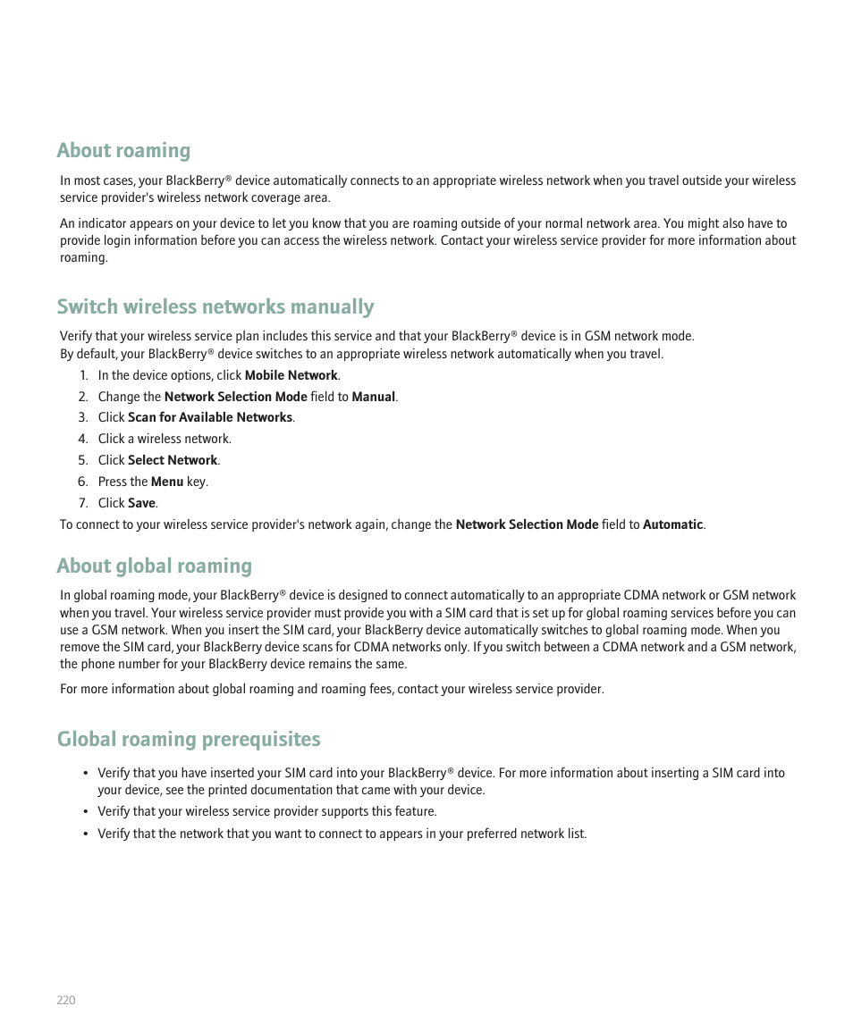 About roaming, Switch wireless networks manually, About global roaming | Global roaming prerequisites | Blackberry Global 8830 User Manual | Page 222 / 262