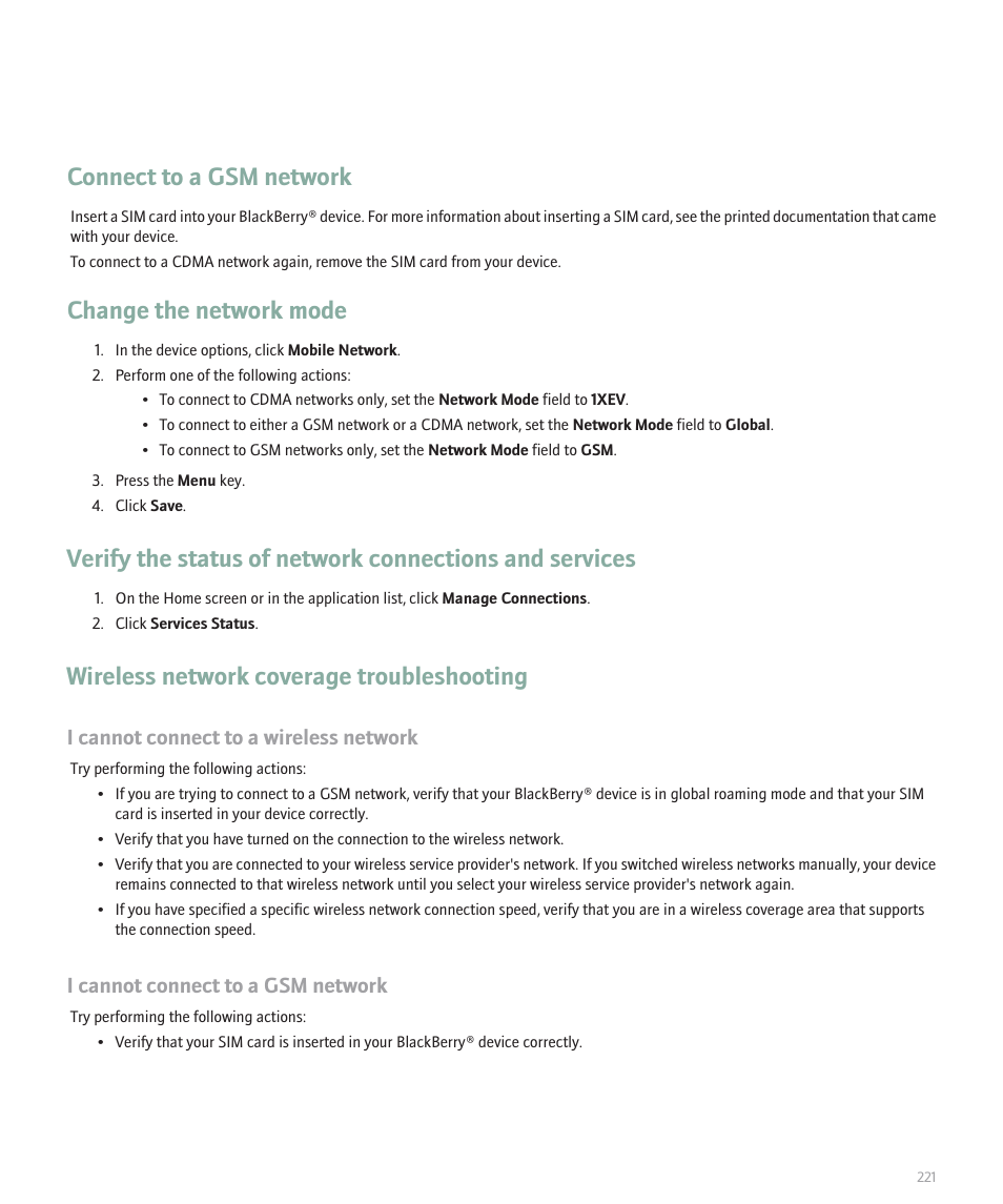 Connect to a gsm network, Change the network mode, Wireless network coverage troubleshooting | I cannot connect to a wireless network, I cannot connect to a gsm network | Blackberry Global 8830 User Manual | Page 223 / 262