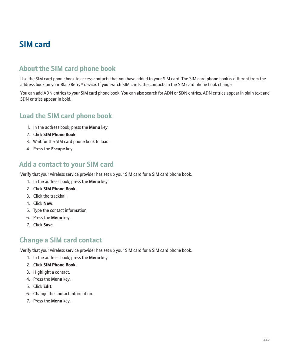 Sim card, About the sim card phone book, Load the sim card phone book | Add a contact to your sim card, Change a sim card contact | Blackberry Global 8830 User Manual | Page 227 / 262