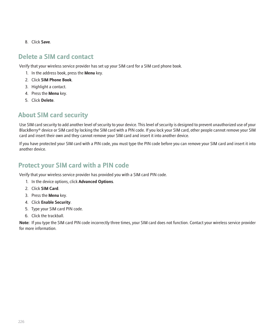 Delete a sim card contact, About sim card security, Protect your sim card with a pin code | Blackberry Global 8830 User Manual | Page 228 / 262