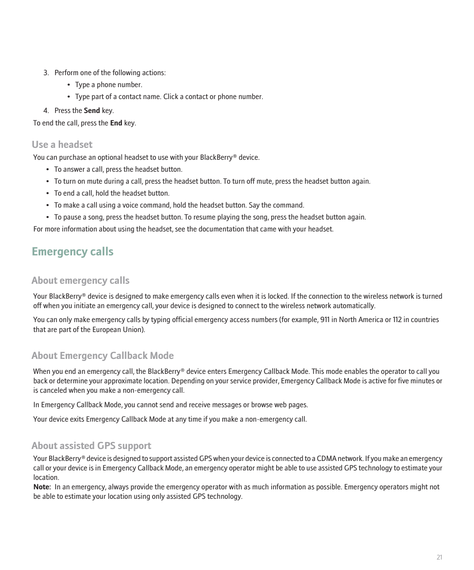 Emergency calls, Use a headset, About emergency calls | About emergency callback mode, About assisted gps support | Blackberry Global 8830 User Manual | Page 23 / 262