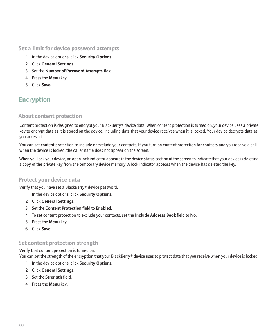 Encryption, Set a limit for device password attempts, About content protection | Protect your device data, Set content protection strength | Blackberry Global 8830 User Manual | Page 230 / 262