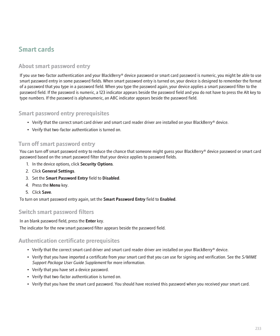 Smart cards, About smart password entry, Smart password entry prerequisites | Turn off smart password entry, Switch smart password filters, Authentication certificate prerequisites | Blackberry Global 8830 User Manual | Page 235 / 262