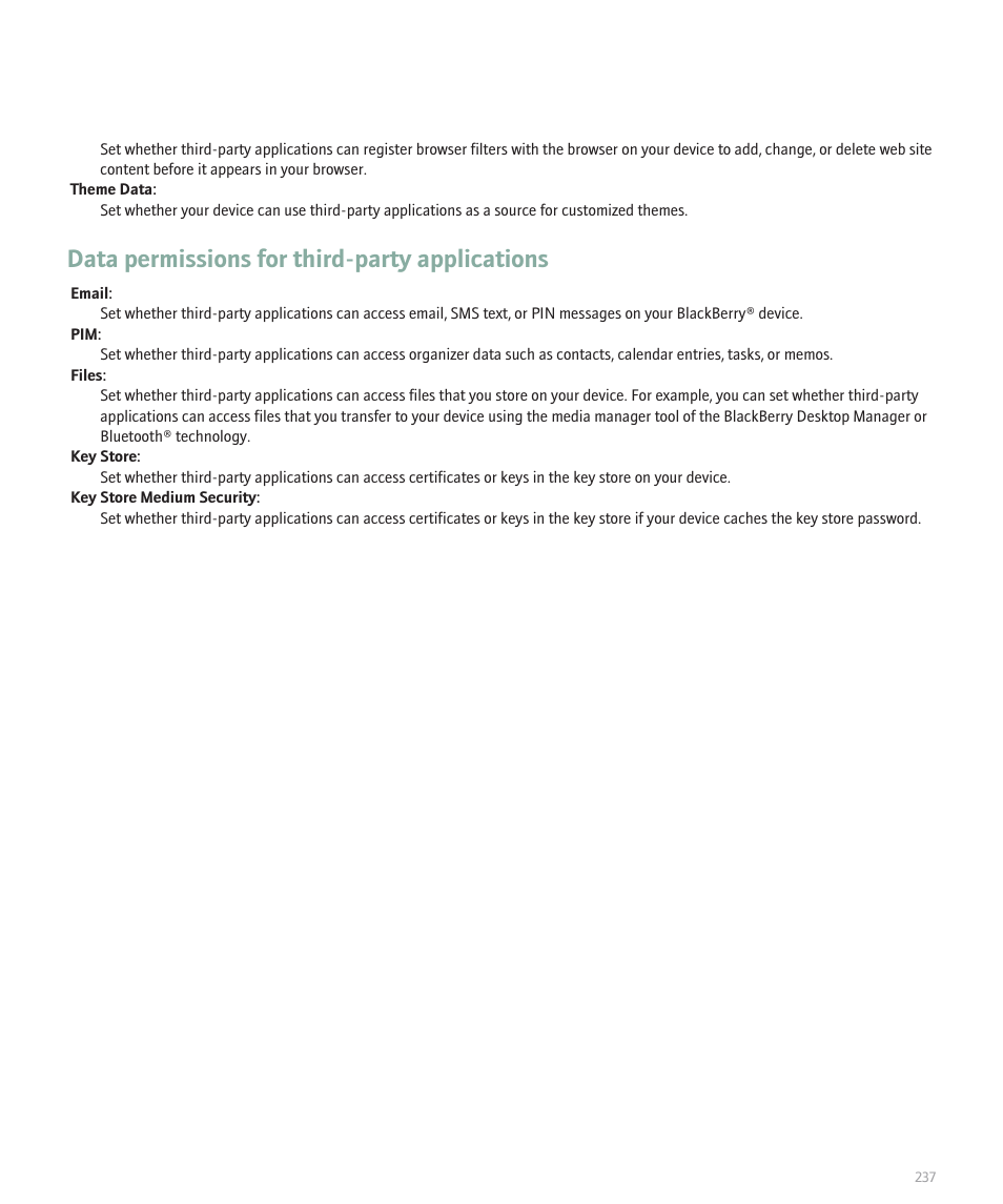 Data permissions for third-party applications | Blackberry Global 8830 User Manual | Page 239 / 262